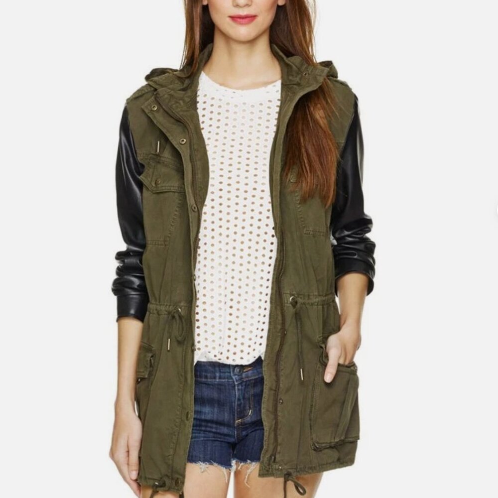 Talula Utility Jacket with Faux Leather Sleeves | Size XXXS